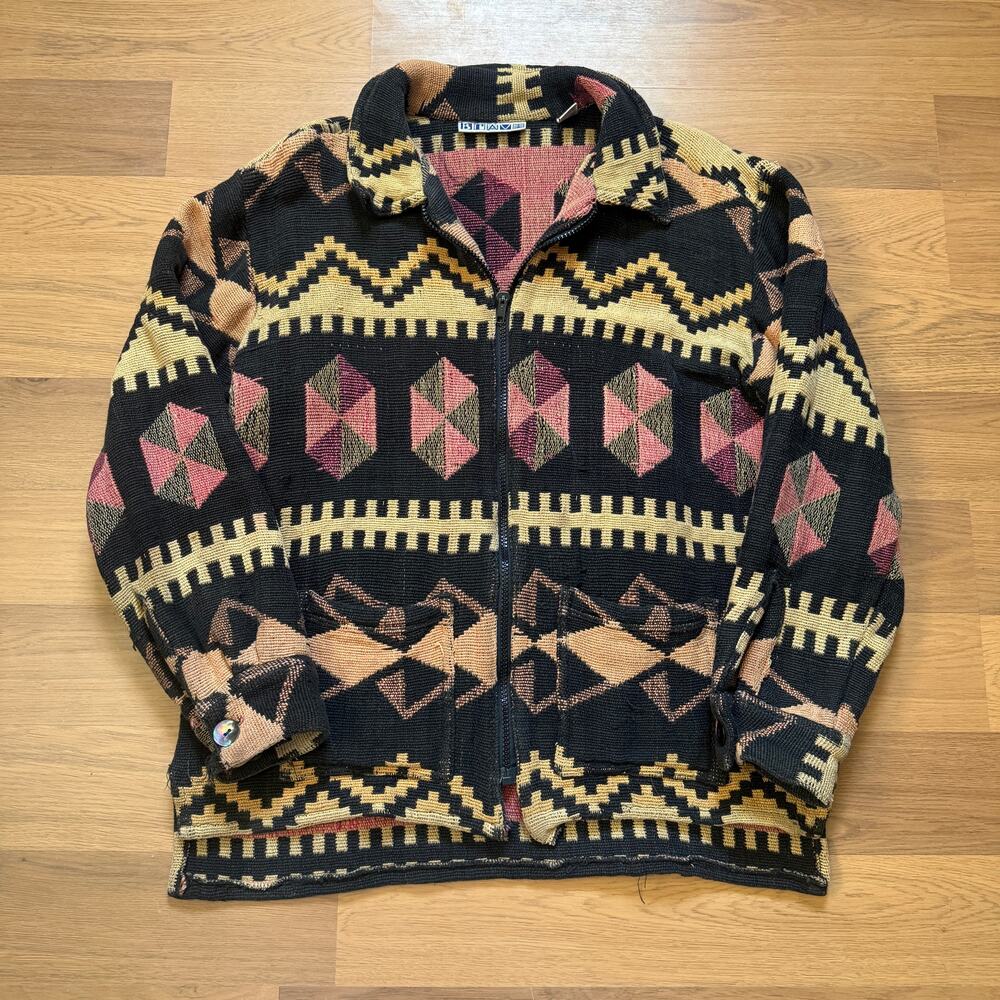 Women's Vintage 90's Bravo Black Red Aztec Blanket Knit Zip Up Jacket Sz Medium